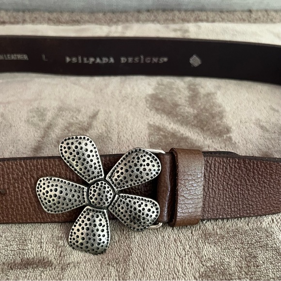 Silpada Classic Flower Silver Buckle Brown Italian Leather Belt size Large - Picture 4 of 13